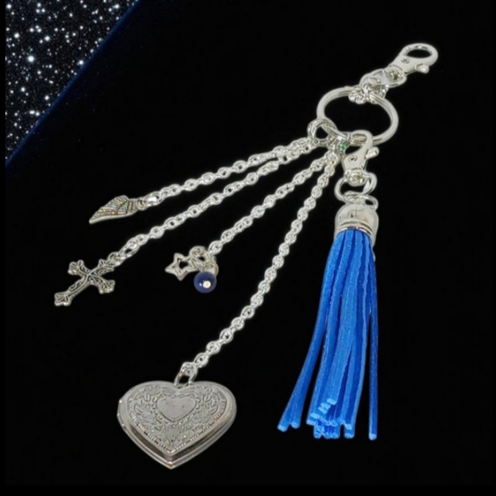 Bag Charm Purse Jewelry Silver Locket Blue Tassel Westerncore Americana Y2K 00s
